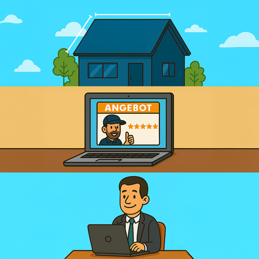 Illustration: Haus mit Maßpfeil, Laptop mit Handwerker-Angebot, Nutzer am Rechner – NPB connect Schritt-für-Schritt für Hausbesitzer