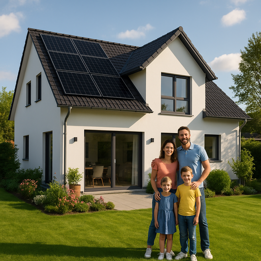 Familie vor modernem Haus mit Solaranlage im sonnigen Garten